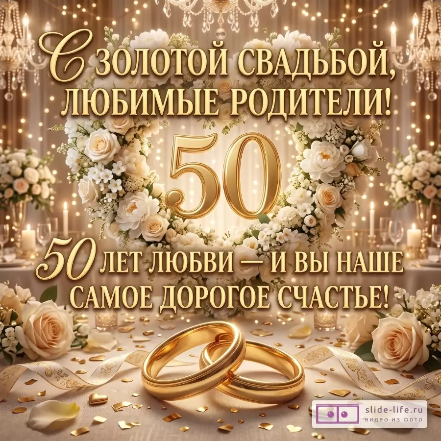 Золотисто-бежевый праздничный фон с люстрами, цветами и свечами, венок с «50», золотые кольца и текст «С золотой свадьбой, любимые родители!», «50 лет любви — и вы наше самое дорогое счастье!»