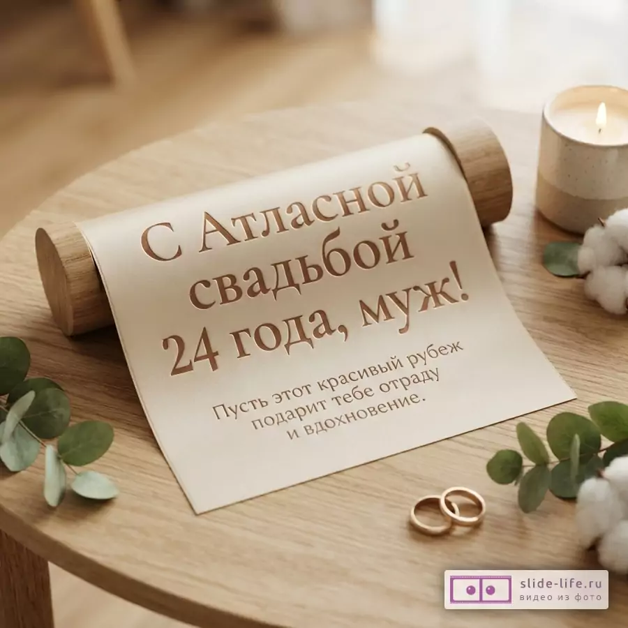 Свиток на деревянном столике с надписью «С Атласной свадьбой 24 года, муж!», обручальные кольца, свеча и веточки эвкалипта.
