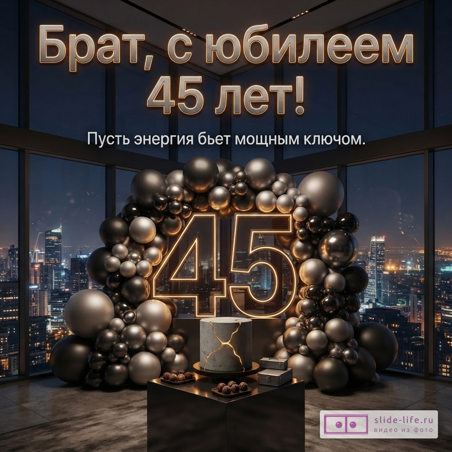 Открытка с юбилеем 45 лет. На фоне ночного города, панорамные окна. Текст «Брат, с юбилеем 45 лет! Пусть энергия бьет мощным ключом.». Композиция из черных и серых шаров, неоновая цифра 45, торт.
