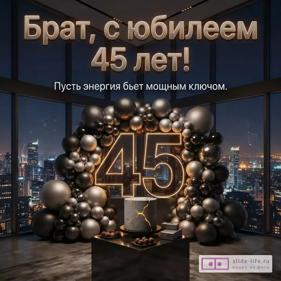 Открытка с юбилеем 45 лет. На фоне ночного города, панорамные окна. Текст «Брат, с юбилеем 45 лет! Пусть энергия бьет мощным ключом.». Композиция из черных и серых шаров, неоновая цифра 45, торт.