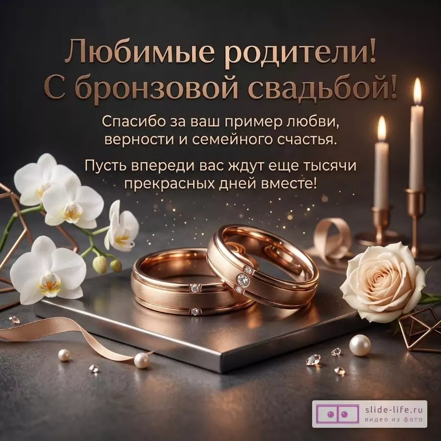 Тёмный фон, бронзовые кольца, свечи, белая орхидея и роза. Текст: «Любимые родители! С бронзовой свадьбой! Спасибо за ваш пример любви, верности и семейного счастья. Пусть впереди вас ждут еще тысячи прекрасных дней вместе!»