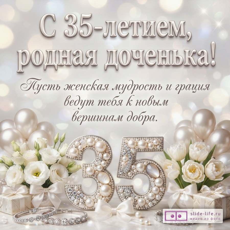 Объемная цифра 35 из жемчуга в окружении белых цветов, воздушных шаров и подарков с надписью «С 35-летием, родная доченька! Пусть женская мудрость и грация ведут тебя к новым вершинам добра.»