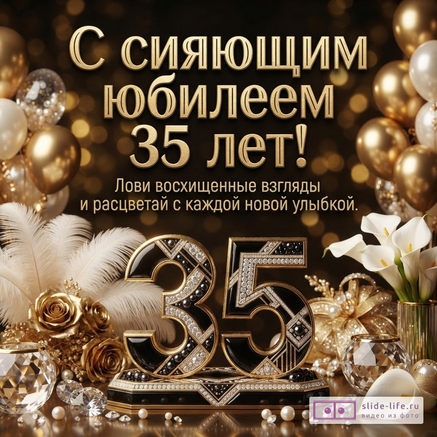 Объемная черная цифра 35 в золоте и кристаллах в окружении белых калл, перьев и золотых шаров, надпись: «С сияющим юбилеем 35 лет! Лови восхищенные взгляды и расцветай с каждой новой улыбкой.»