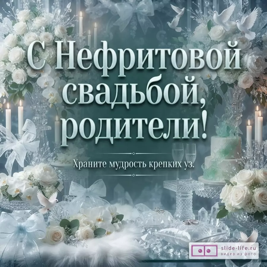 Светло-голубой фон, белые розы, свечи, бокалы, голуби, свадебная коробочка и торт с нефритовыми камнями. Текст «С Нефритовой свадьбой, родители! Храните мудрость крепких уз.»