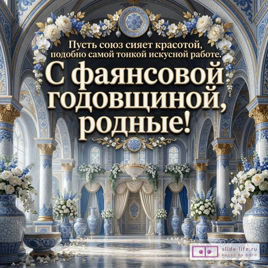 Открытка на фаянсовую свадьбу 9 лет с пожеланием союза подобного искусной работе
