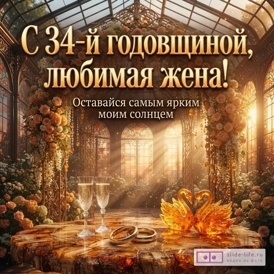 Открытка с янтарным фоном, золотыми буквами и цветами. На переднем плане два бокала шампанского, два обручальных кольца и две янтарные фигурки лебедей. Текст: «С 34-й годовщиной, любимая жена! Оставайся самым ярким моим солнцем»