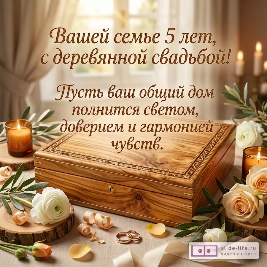Деревянная шкатулка, белые и кремовые розы, оливковые ветви, свечи, обручальные кольца, лепестки, бежево-коричневый фон, текст «Вашей семье 5 лет, с деревянной свадьбой! Пусть ваш общий дом полнится светом, доверием и гармонией чувств.»