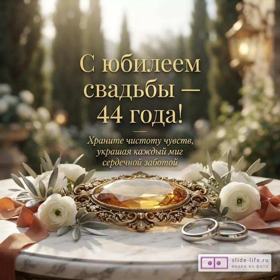 Открытка с золотым текстом на фоне сада, на мраморном столе золотая брошь с топазом, белые цветы, ленты и два обручальных кольца. Текст: «С юбилеем свадьбы — 44 года! Храните чистоту чувств, украшая каждый миг сердечной заботой»