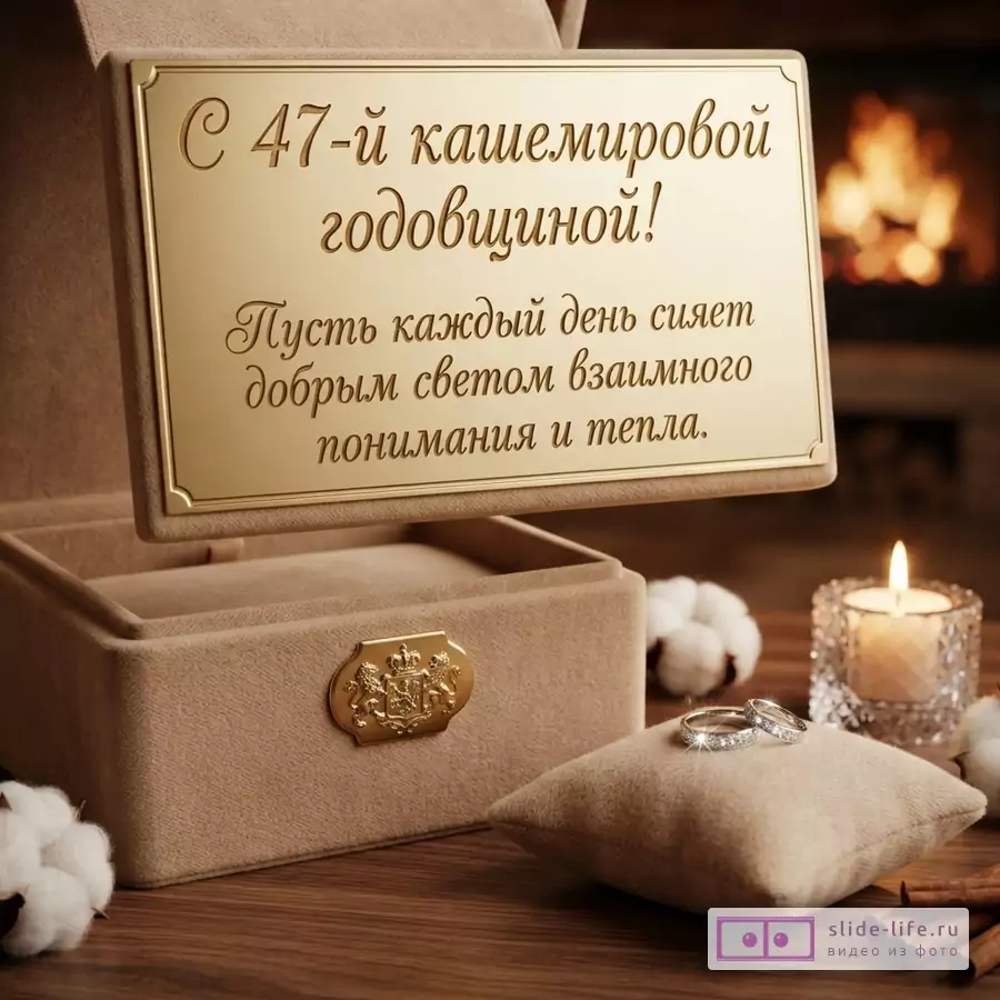 Золотая табличка с надписью «С 47-й кашемировой годовщиной! Пусть каждый день сияет добрым светом взаимного понимания и тепла.» на открытой бежевой шкатулке, рядом горят свечи и лежат обручальные кольца.