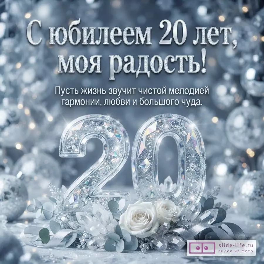 Объемная хрустальная цифра 20 с белыми розами на серебристом фоне с боке и надписью «С юбилеем 20 лет, моя радость!»