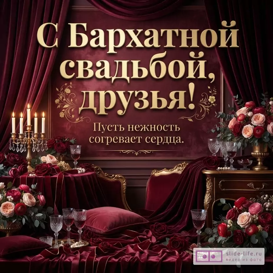 Фон бордовый, бархатные шторы, мебель, цветы, свечи. Текст: «С Бархатной свадьбой, друзья! Пусть нежность согревает сердца.»