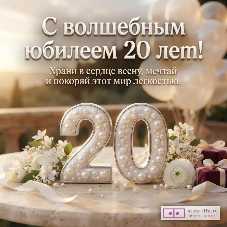 Объемная цифра 20 с жемчужинами на столе с цветами, шарами и надписью «С волшебным юбилеем 20 лет! Храни в сердце весну, мечтай и покоряй этот мир легкостью.»