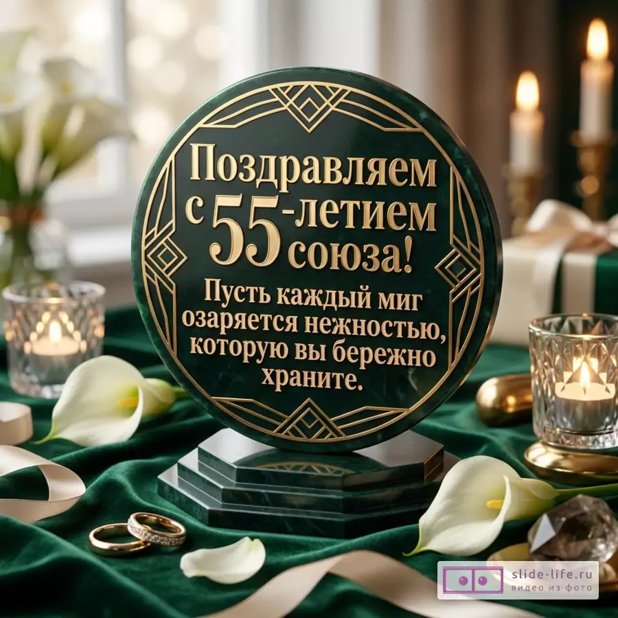 Круглая открытка-плакетка тёмно-зелёного цвета с золотым орнаментом и текстом «Поздравляем с 55-летием союза! Пусть каждый миг озаряется нежностью, которую вы бережно храните.», белые каллы, свечи, кольца, ленты