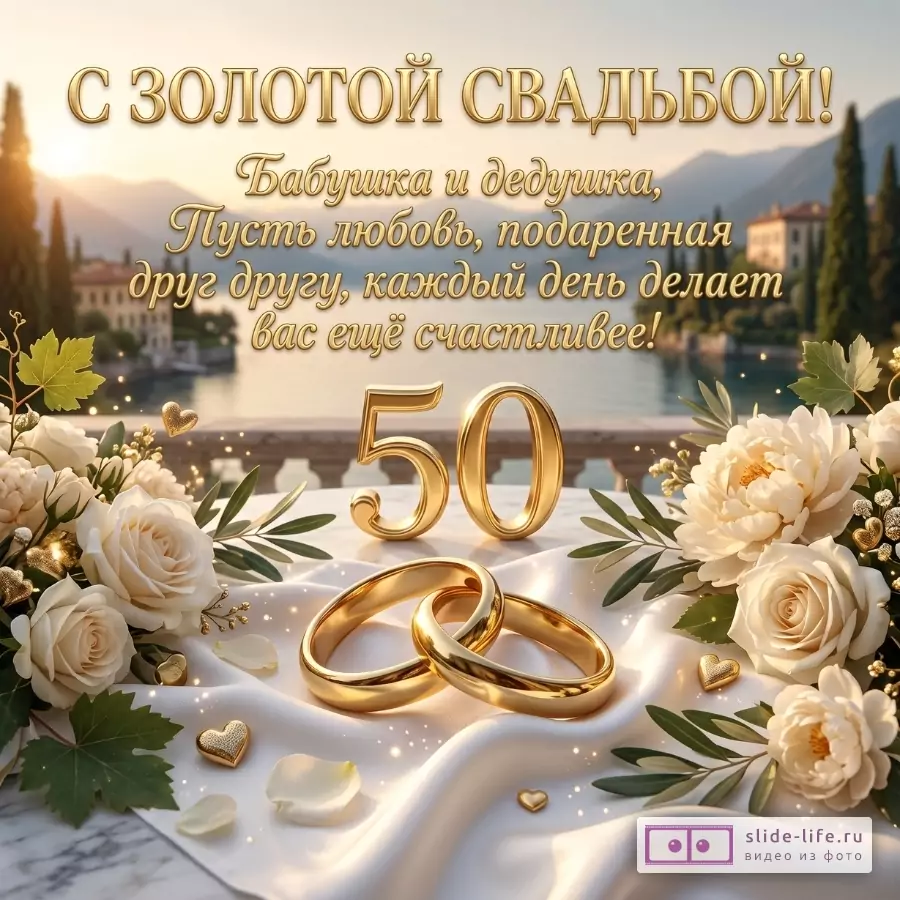Золотой фон, белые цветы, золотые кольца и число «50». Текст: «С ЗОЛОТОЙ СВАДЬБОЙ! Бабушка и дедушка, Пусть любовь, подаренная друг другу, каждый день делает вас ещё счастливее!»