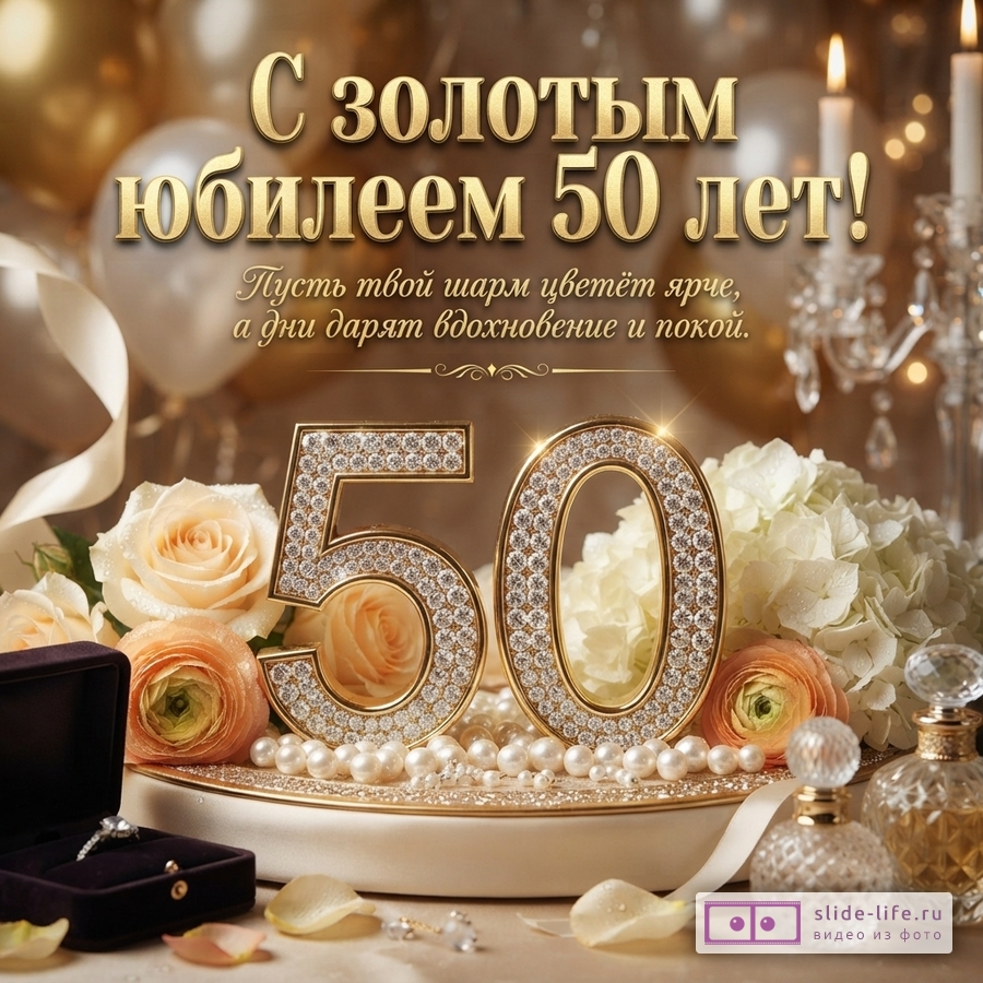 Золотистый фон с воздушными шарами и свечами. В центре надпись «С золотым юбилеем 50 лет! Пусть твой шарм цветёт ярче, а дни дарят вдохновение и покой.». Внизу крупные золотые цифры «50» с инкрустацией из страз, окруженные жемчугом, розами и гортензиями. Рядом открытая коробочка с кольцом и флаконы духов.