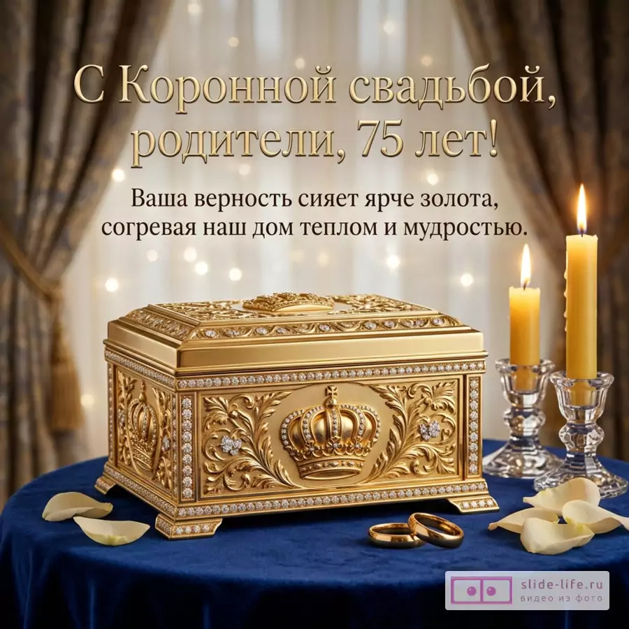 Золотая шкатулка с короной, свечи и обручальные кольца на синем столе. Текст: «С Коронной свадьбой, родители, 75 лет! Ваша верность сияет ярче золота, согревая наш дом теплом и мудростью.»