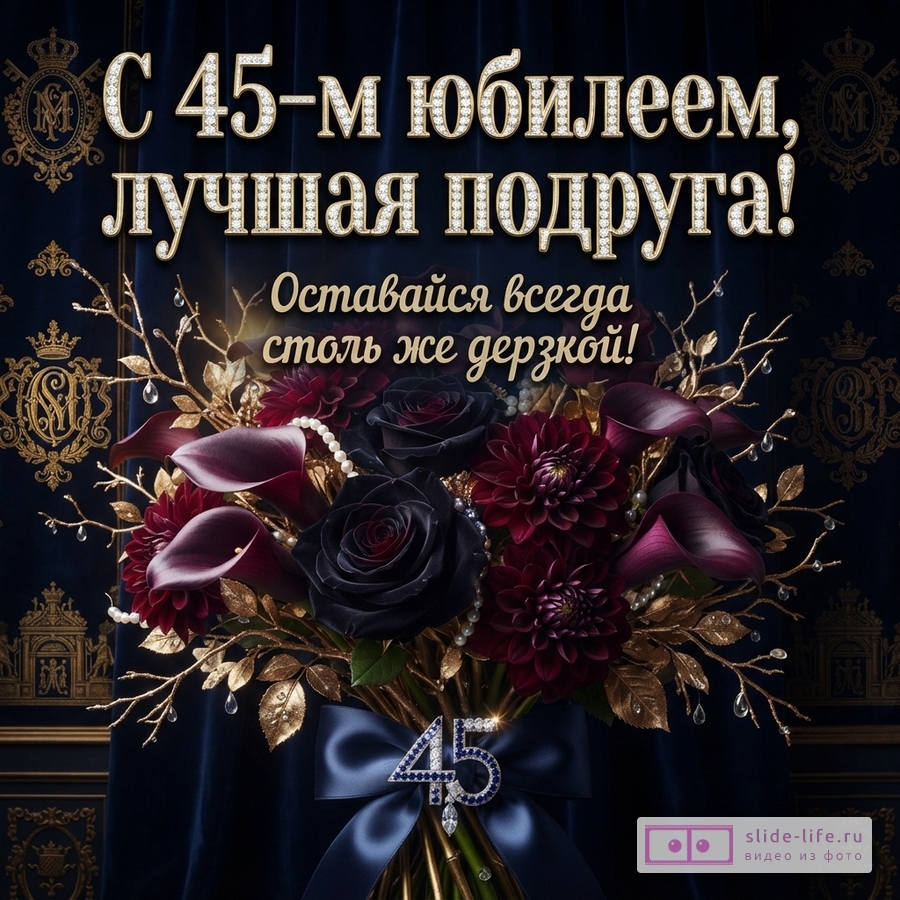 Темно-синий фон, золотые узоры, букет из черных и бордовых цветов, золотых веток, жемчуга. Синяя лента с брошью «45». Текст: «С 45-м юбилеем, лучшая подруга! Оставайся всегда столь же дерзкой!»