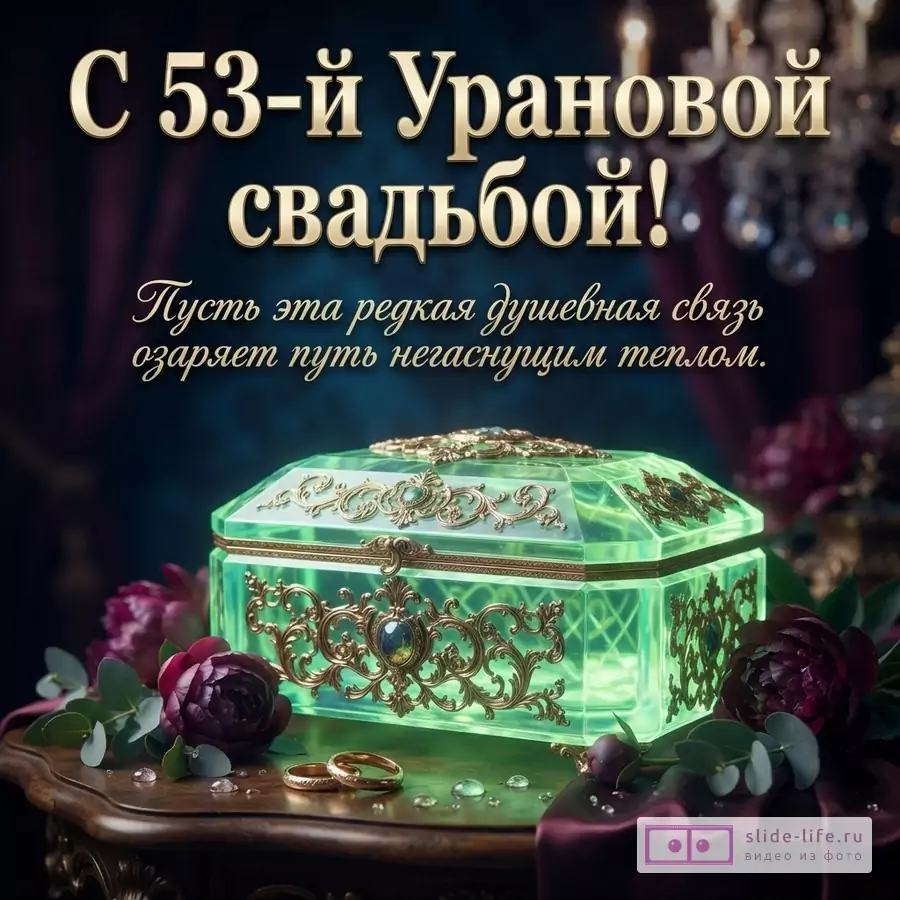 Темный размытый фон, светло-золотой текст «С 53-й Урановой свадьбой! Пусть эта редкая душевная связь озаряет путь негаснущим теплом.», светящаяся зеленая шкатулка с золотым орнаментом, цветы и кольца внизу.