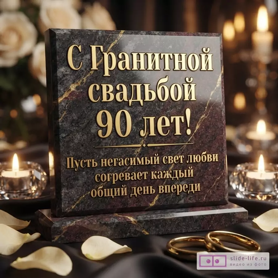 Темная гранитная плита с золотым текстом «С Гранитной свадьбой 90 лет! Пусть негасимый свет любви согревает каждый общий день вперед», свечи, розы и кольца