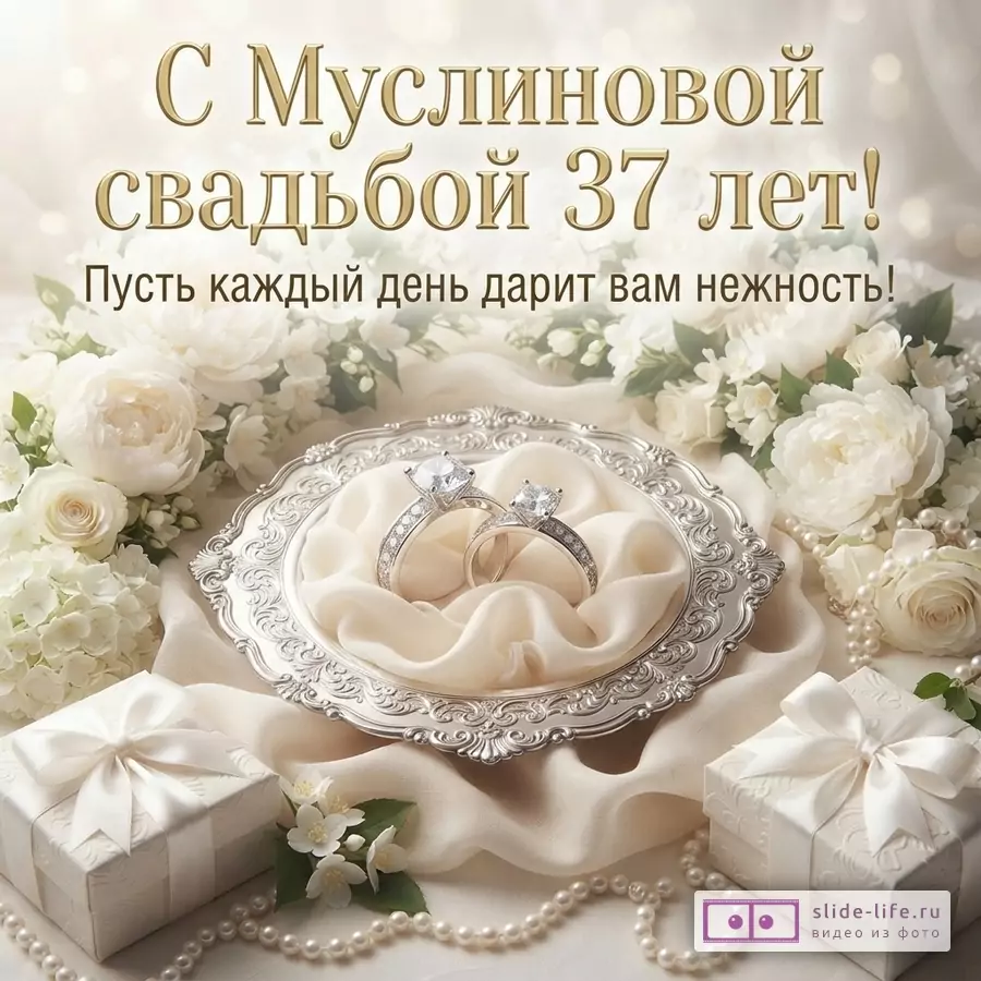 Бежевый фон, золотой текст, белые цветы, жемчуг, две серебряные тарелки с кольцами, две белые подарочные коробки. Текст: «С Муслиновой свадьбой 37 лет! Пусть каждый день дарит вам нежность!»