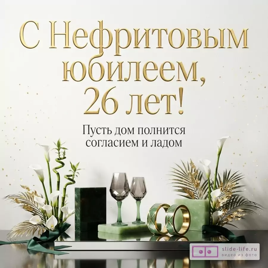 Бокалы, кольца и белые каллы на нефритовой подставке на светлом фоне с надписью «С Нефритовым юбилеем, 26 лет! Пусть дом полнится согласием и ладом».