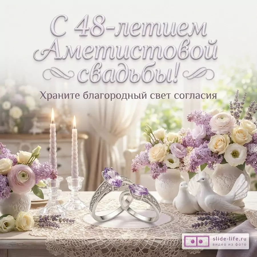 Светлый фон, на столе два кольца с аметистами, букеты цветов, две свечи, две белые птицы. Текст: «С 48-летием Аметистовой свадьбы! Храните благородный свет согласия»