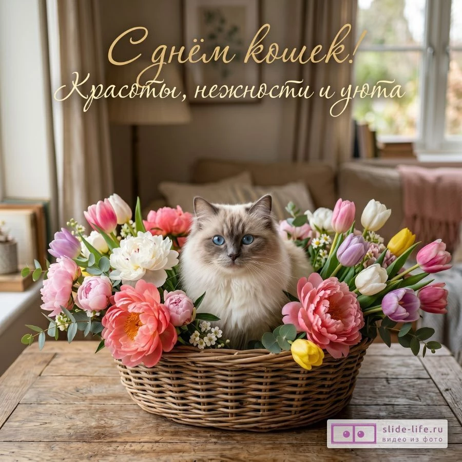 С Днем кошек! Прикольная открытка с котиками и теплыми пожеланиями