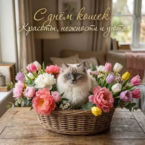 С Днем кошек! Прикольная открытка с котиками и теплыми пожеланиями