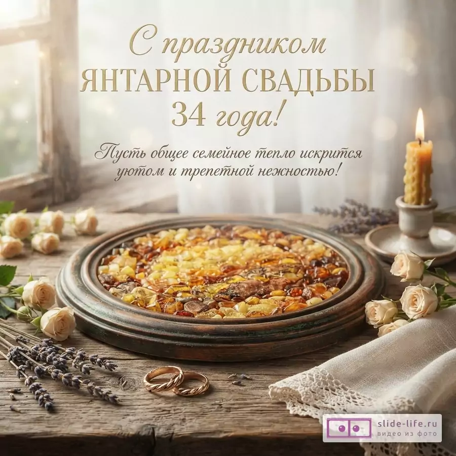 Открытка с Янтарной свадьбой 34 года. На фоне окна, на деревянном столе стоит круглое блюдо с янтарем, рядом свеча, розы, лаванда, два золотых кольца и белая салфетка. Текст: «С праздником Янтарной свадьбы 34 года! Пусть общее семейное тепло искрится уютом и трепетной нежностью!»