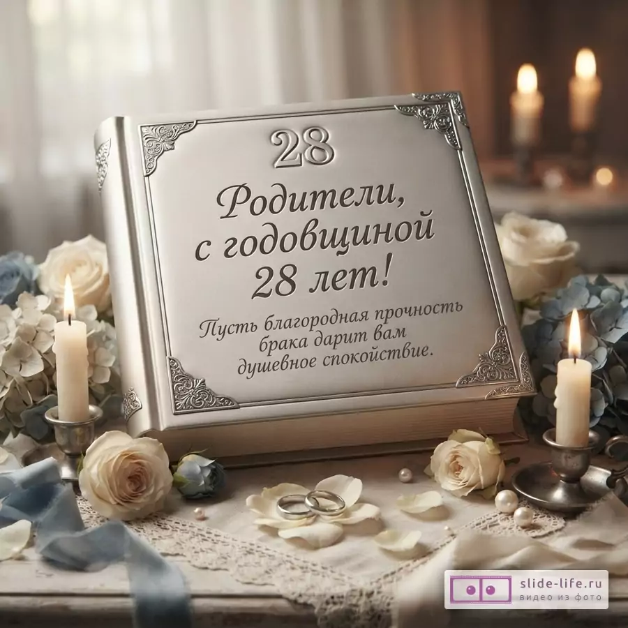Крупный план серебряной книги с надписью «Родители, с годовщиной 28 лет! Пусть благородная прочность брака дарит вам душевное спокойствие.» на фоне свечей и цветов.