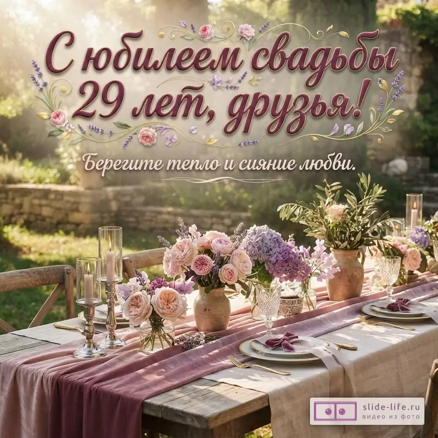 Открытка с надписью «С юбилеем свадьбы 29 лет, друзья! Берегите тепло и сияние любви.» на фоне сервированного стола с цветами и свечами на природе.