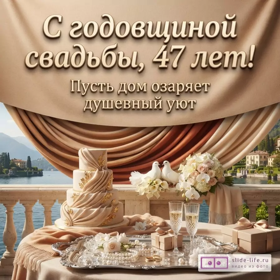 Бежевый фон, сверху бежевая драпировка. На переднем плане стол с бежевой скатертью, на нем свадебный торт, два голубя, букет цветов, два бокала шампанского, подарки, жемчуг. Текст «С годовщиной свадьбы, 47 лет! Пусть дом озаряет душевный уют»