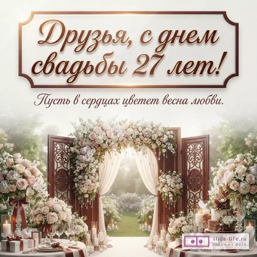 Светлый фон, сверху рамка с текстом «Друзья, с днем свадьбы 27 лет! Пусть в сердцах цветет весна любви.». Внизу свадебная арка, столы с цветами и свечами.