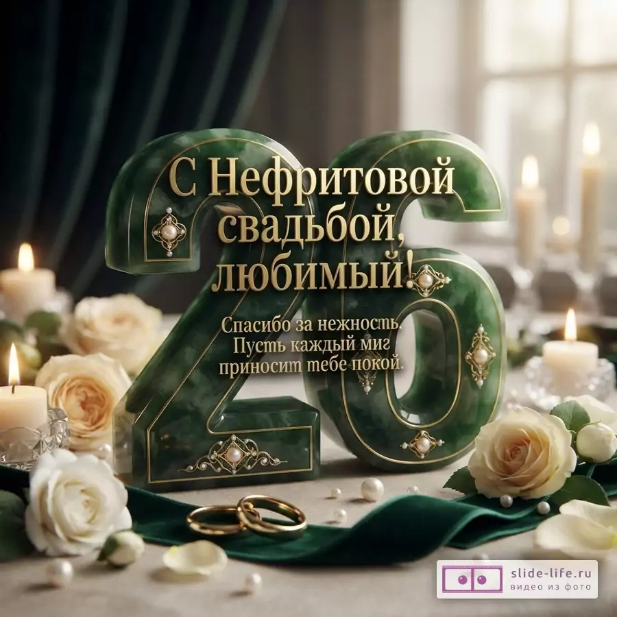 Зеленая нефритовая цифра 26 с розами, кольцами, свечами и надписью: «С Нефритовой свадьбой, любимый! Спасибо за нежность. Пусть каждый миг приносит тебе покой.»