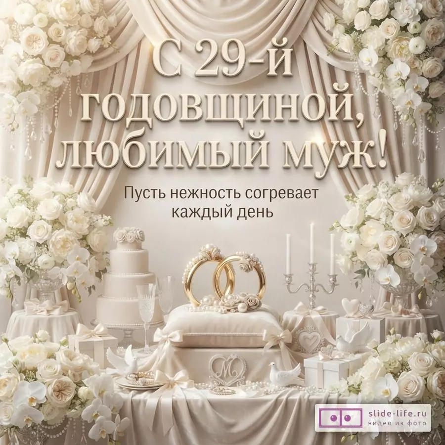 Открытка с бежевым фоном, белыми розами и орхидеями, золотыми кольцами на подушке, свечами и тортами. Текст: «С 29-й годовщиной, любимый муж! Пусть нежность согревает каждый день.»