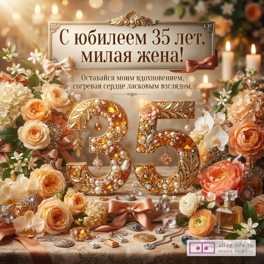 Открытка с бежевым фоном, золотистой рамкой, цветами персикового и белого цвета, свечами. В центре золотые цифры 35, украшенные жемчугом и стразами. Текст: «С юбилеем 35 лет, милая жена! Оставайся моим вдохновением, согревая сердце ласковым взглядом.»