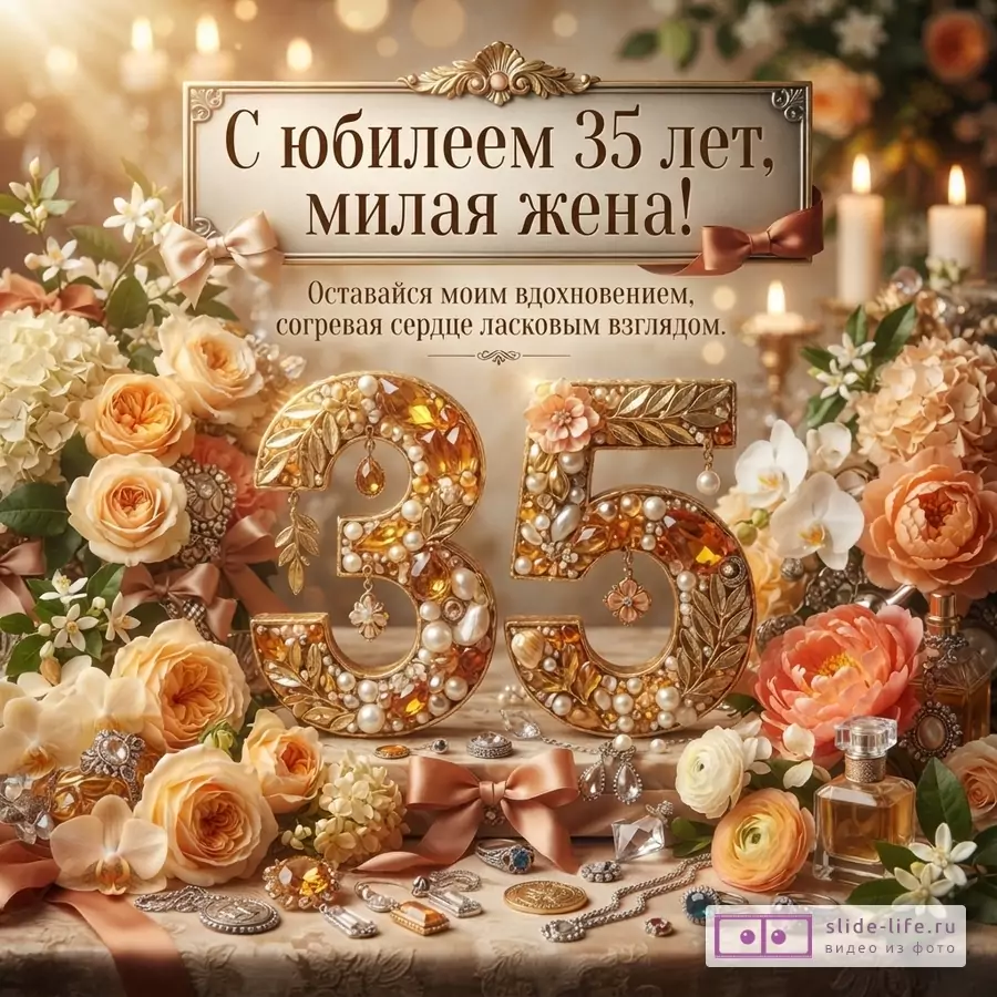 Открытка с бежевым фоном, золотистой рамкой, цветами персикового и белого цвета, свечами. В центре золотые цифры 35, украшенные жемчугом и стразами. Текст: «С юбилеем 35 лет, милая жена! Оставайся моим вдохновением, согревая сердце ласковым взглядом.»