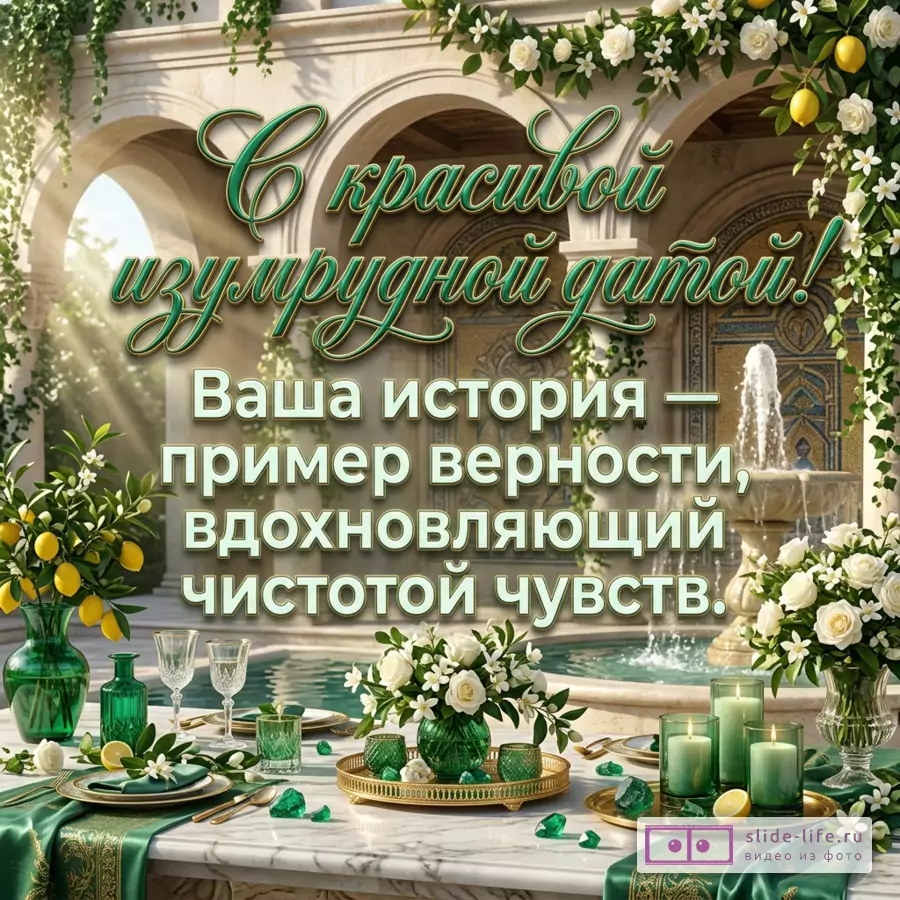 Открытка с текстом «С красивой изумрудной датой! Ваша история – образец верности, вдохновляющий чистотой чувств.» арки, фонтан, бело-бежевый фон, зеленые вазы, белые розы, лимоны, свечи, бокалы