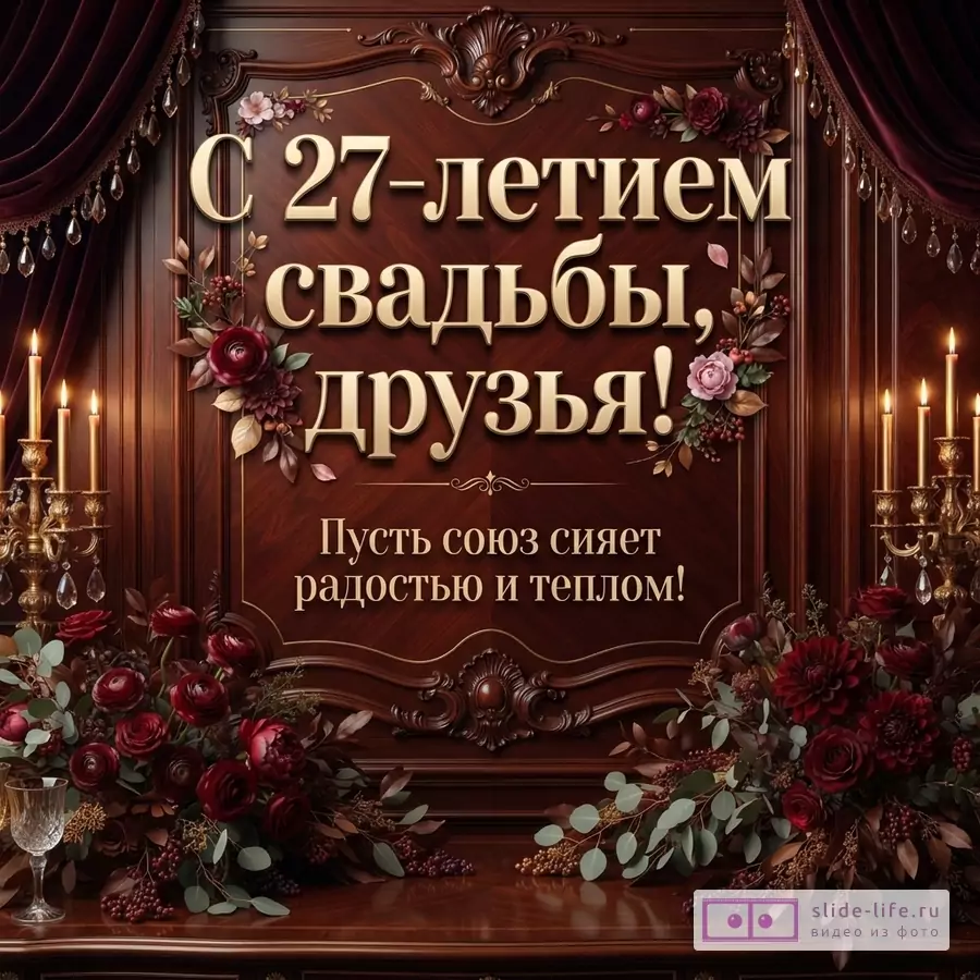 Открытка с деревянным фоном, красными цветами, свечами. Текст: «С 27-летием свадьбы, друзья! Пусть союз сияет радостью и теплом!»