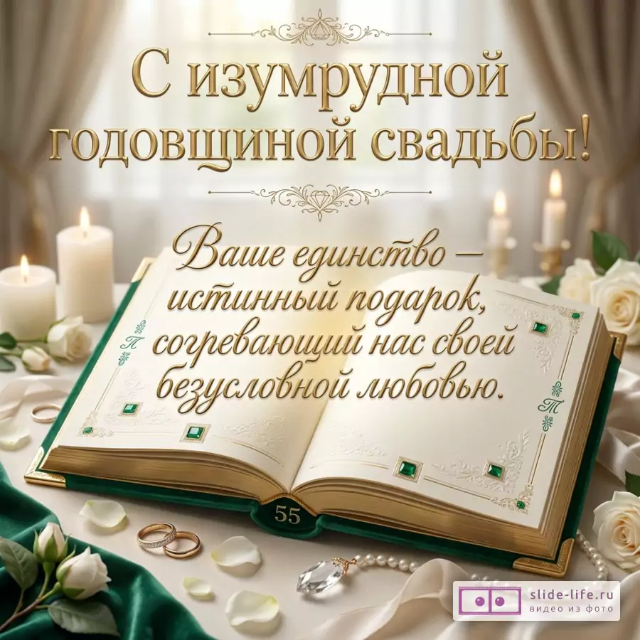Открытка с раскрытой книгой в изумрудной обложке, бело-кремовый фон, свечи, белые розы, обручальные кольца, жемчуг, текст «С изумрудной годовщиной свадьбы! Ваше единство — истинный подарок, согревающий нас своей безусловной любовью.»