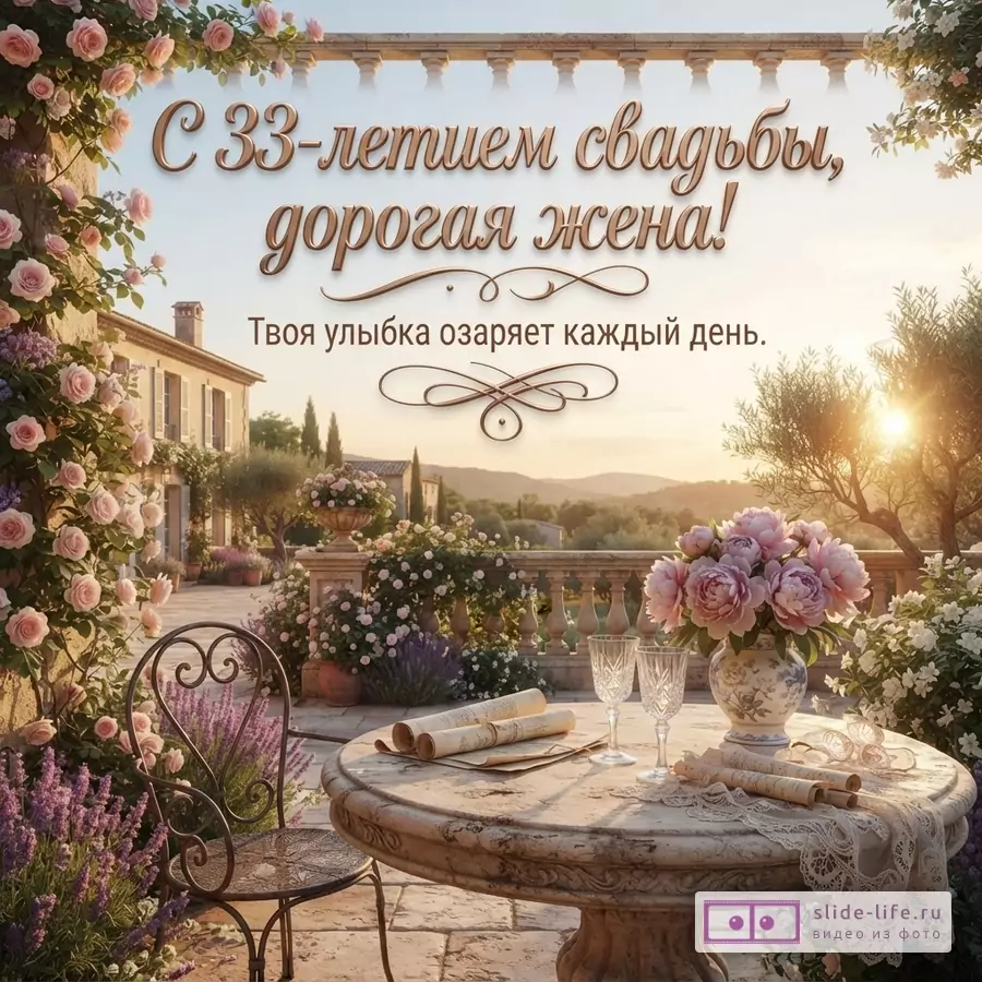 Открытка с видом на террасу с цветами и закатом, на столе букет пионов и два бокала. Текст: «С 33-летием свадьбы, дорогая жена! Твоя улыбка озаряет каждый день.»