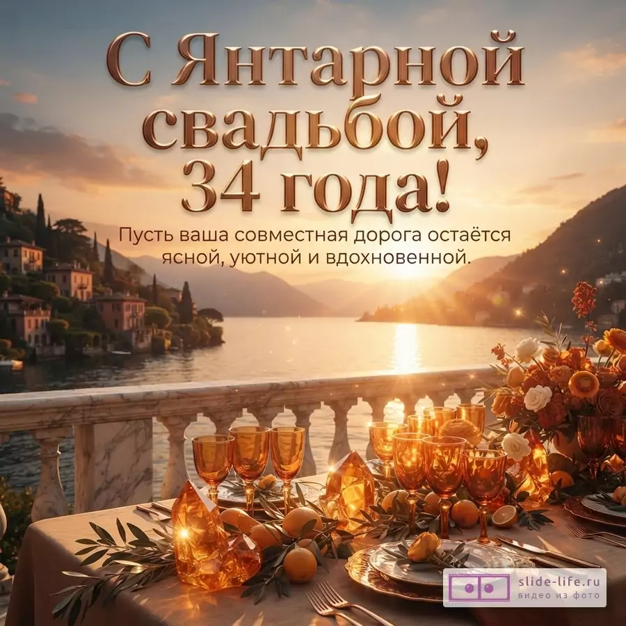 Фон с закатом над озером и горами, на переднем плане сервированный стол с янтарной посудой и декором. Текст: «С Янтарной свадьбой, 34 года! Пусть ваша совместная дорога остаётся ясной, уютной и вдохновенной.»