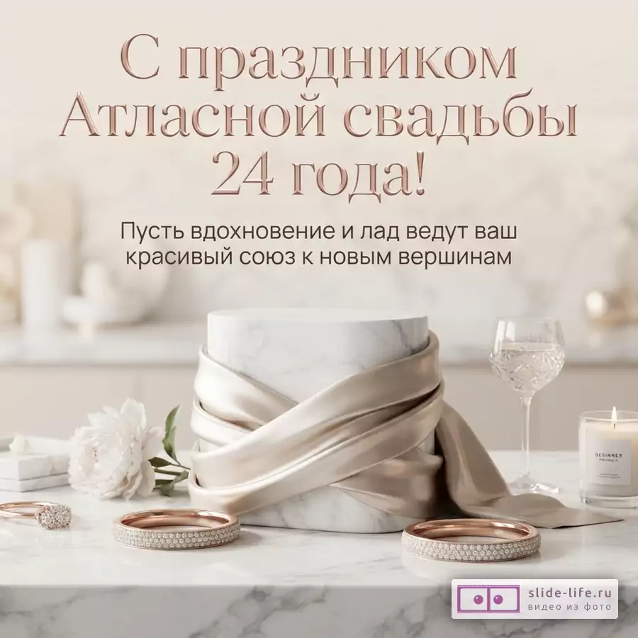 Мраморный постамент со светлой атласной тканью, браслеты с кристаллами, бокал и свеча на светлом фоне, надпись «С праздником Атласной свадьбы 24 года! Пусть вдохновение и лад ведут ваш красивый союз к новым вершинам».