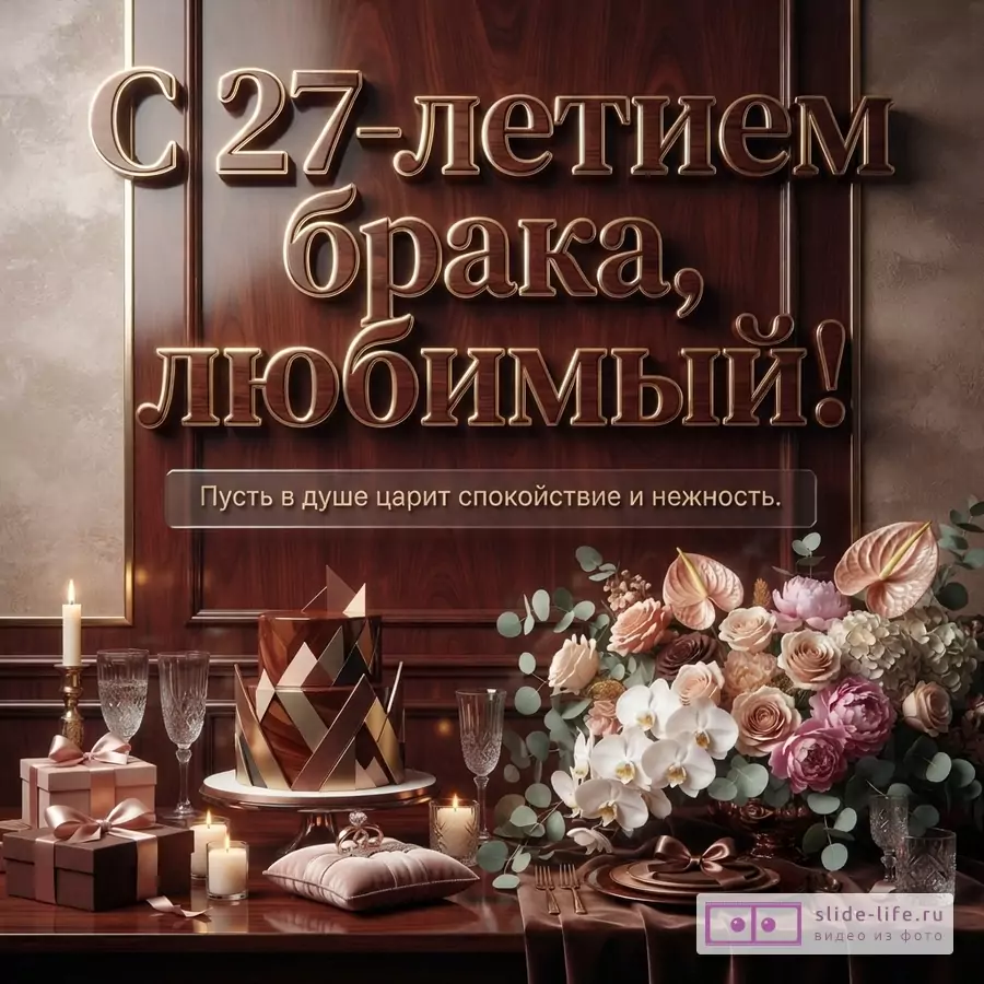 Открытка с золотыми буквами на бежевом фоне, обрамленном деревом. Текст «С 27-летием брака, любимый!» и «Пусть в душе царит глубокий покой.».