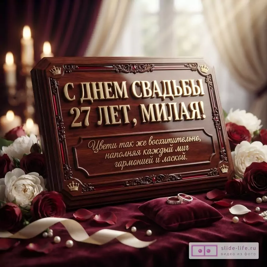 Деревянная табличка с золотыми буквами на бордовом фоне. Текст: «С днем свадьбы 27 лет, милая! Цвети так же восхитительно, наполняя каждый миг гармонией и лаской.»