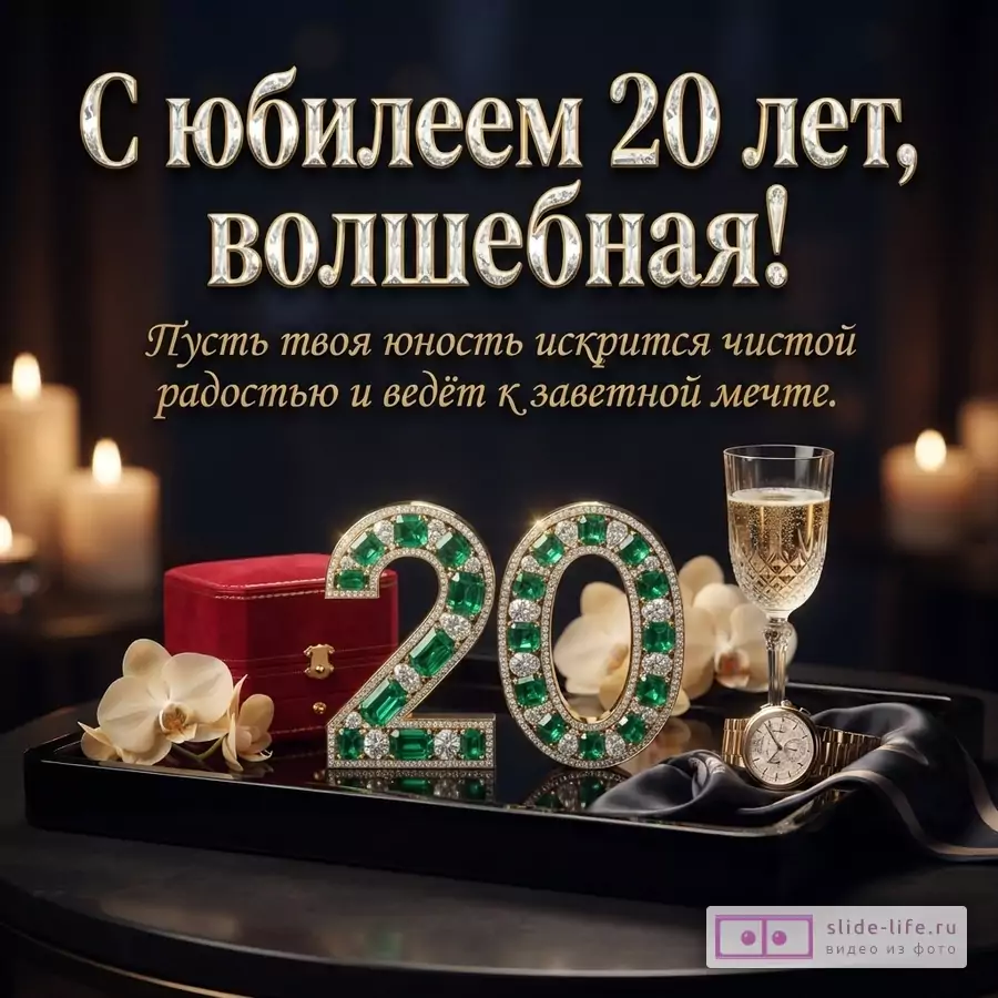 Изумрудная цифра 20, бокал шампанского, часы и красная шкатулка при свечах с текстом «С юбилеем 20 лет, волшебная! Пусть твоя юность искрится чистой радостью и ведёт к заветной мечте.»