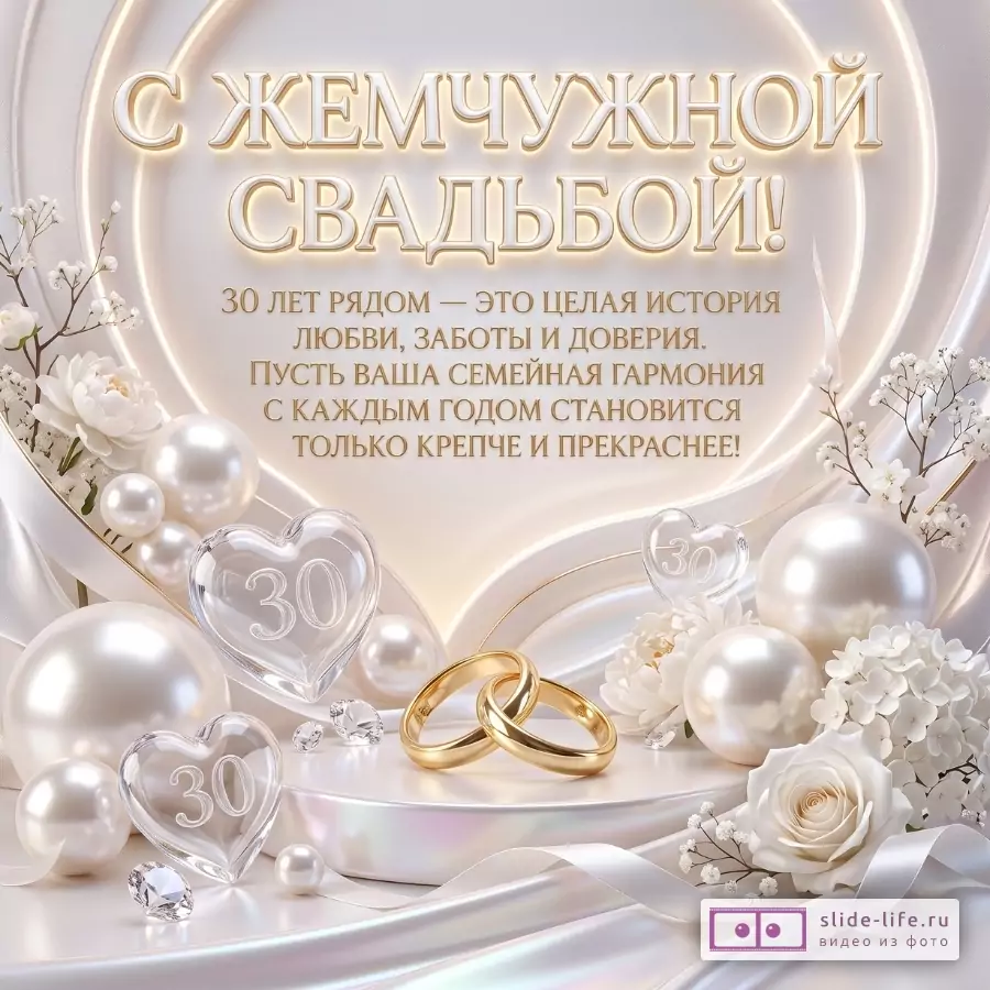Жемчужно-бежевый фон, золотые кольца, жемчужные шары, белые цветы и сердца с «30». Текст: «С ЖЕМЧУЖНОЙ СВАДЬБОЙ!», «30 ЛЕТ РЯДОМ...»