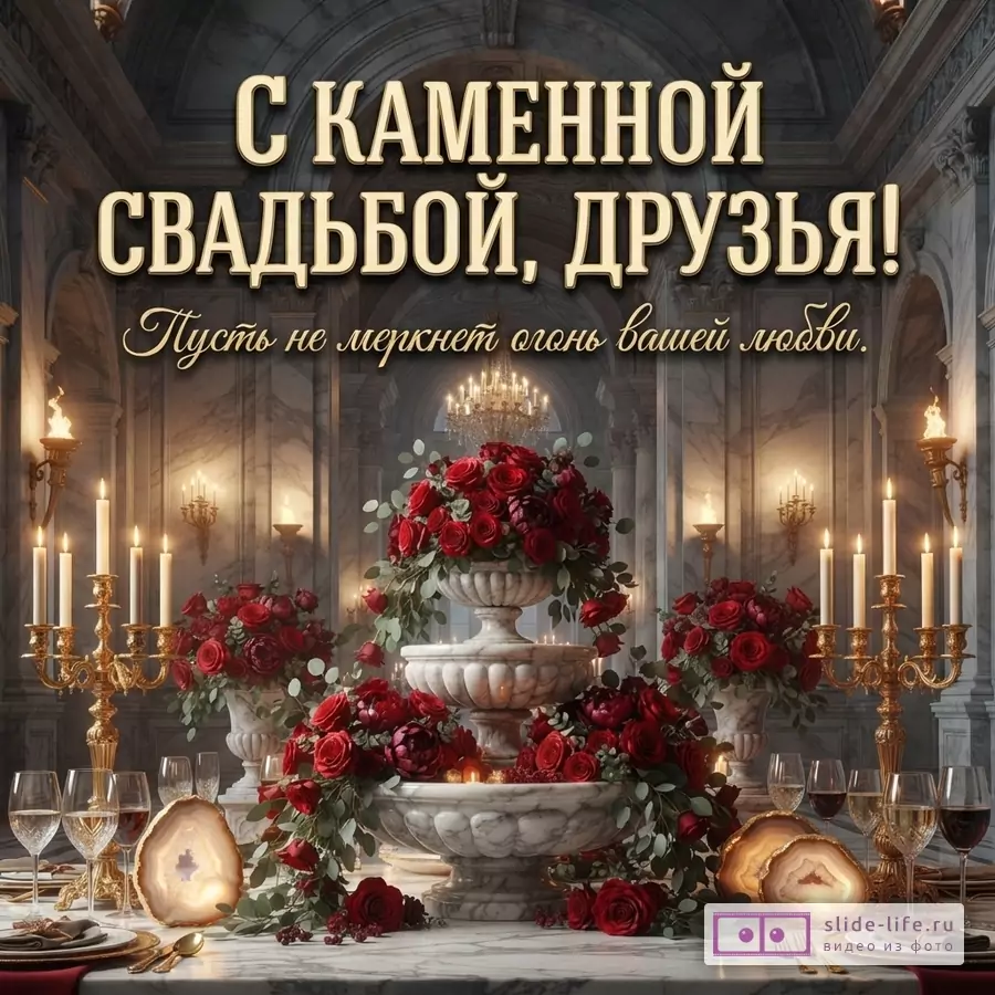 Открытка с Каменной свадьбой. Фон мраморного зала, на столе сервировка, свечи, вазы с красными розами. Текст: «С КАМЕННОЙ СВАДЬБОЙ, ДРУЗЬЯ! Пусть не меркнет огонь вашей любви.»
