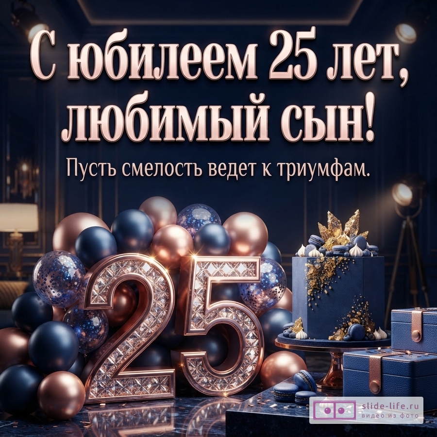 Объемная сверкающая цифра 25, синий праздничный торт, подарки и воздушные шары с текстом «С юбилеем 25 лет, любимый сын! Пусть смелость ведет к триумфам.»