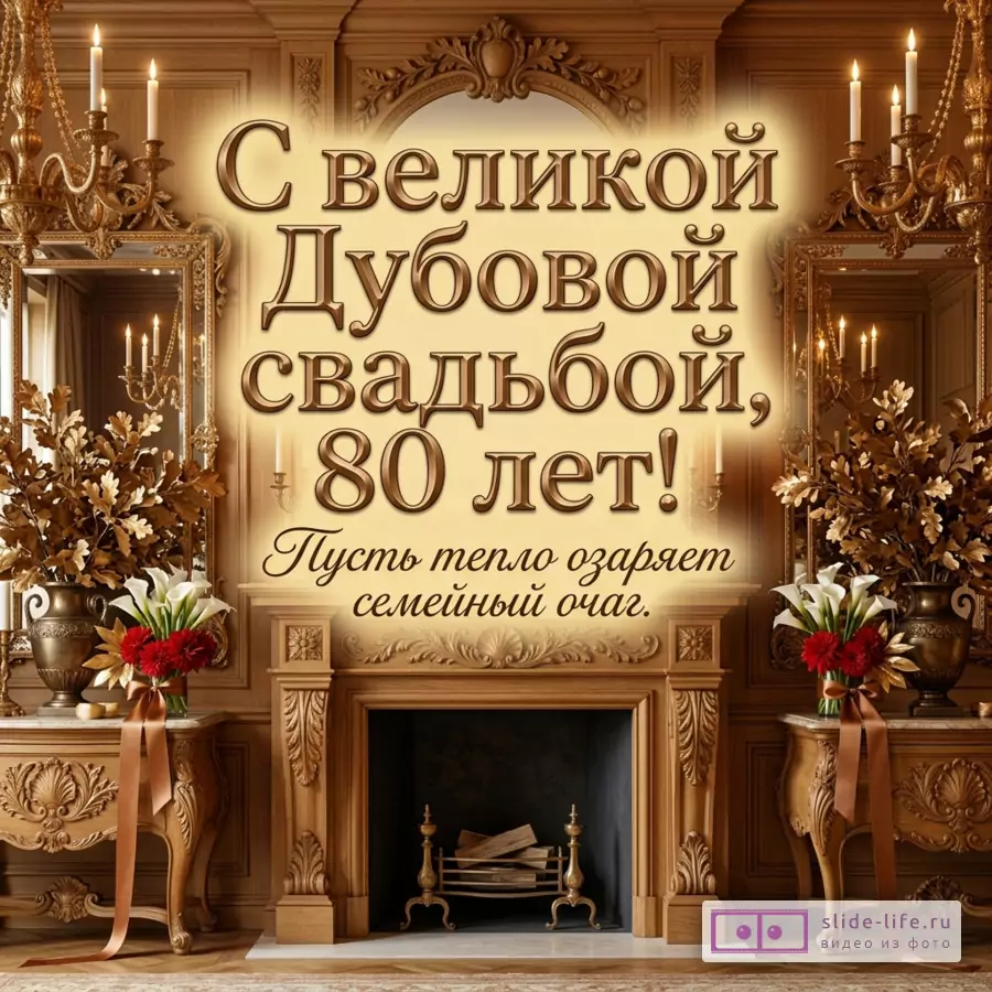 Открытка с текстом «С великой Дубовой свадьбой, 80 лет! Пусть тепло озаряет семейный очаг». Коричневый деревянный интерьер, свечи, цветы и камин.